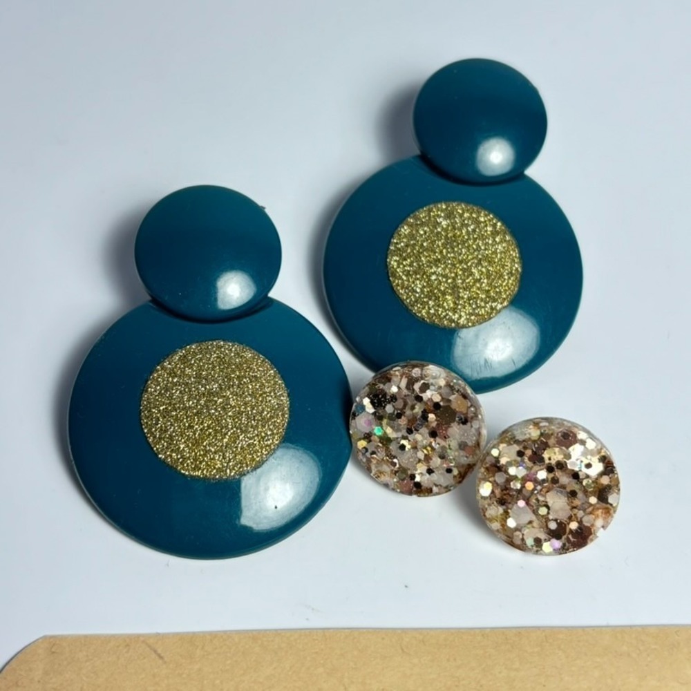 Earring Lot Vintage Blue Sparkly Doorknocker Costume Jewelry Acrylic Resin Party - Picture 2 of 8